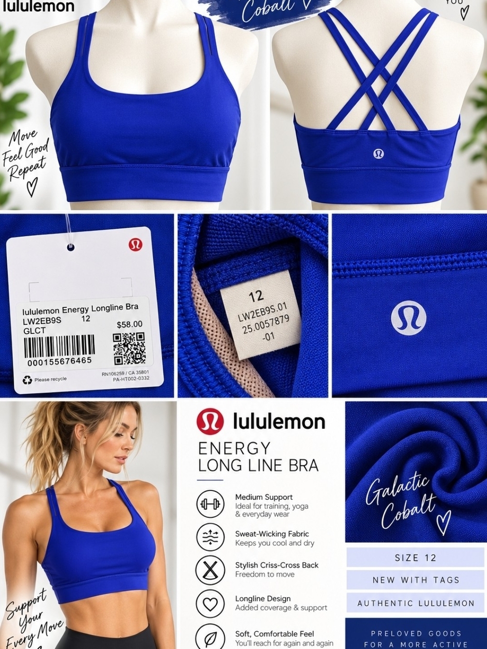 lululemon athletica Energy Long Line Bra — Galactic Cobalt Size 12 New